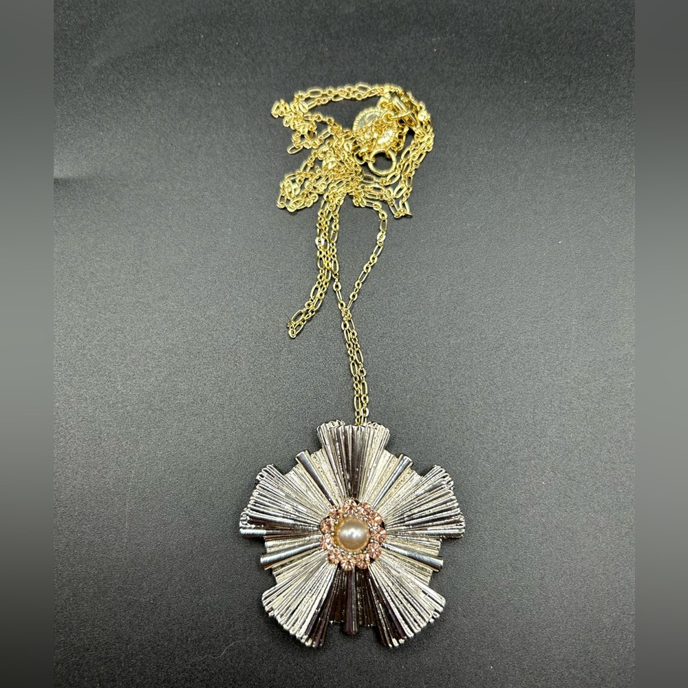 Jessica Simpson Gold-Tone with silver Floral Pendant Necklace with Pearl Center